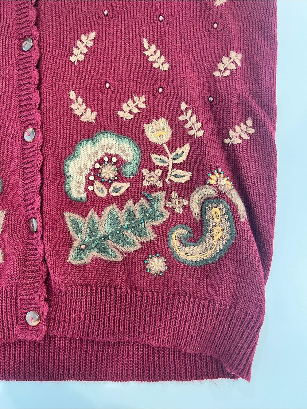KORET Vintage Burgundy Embroidered Knit Floral Paisley Vest w/ Scalloped Edges - Picture 2 of 7